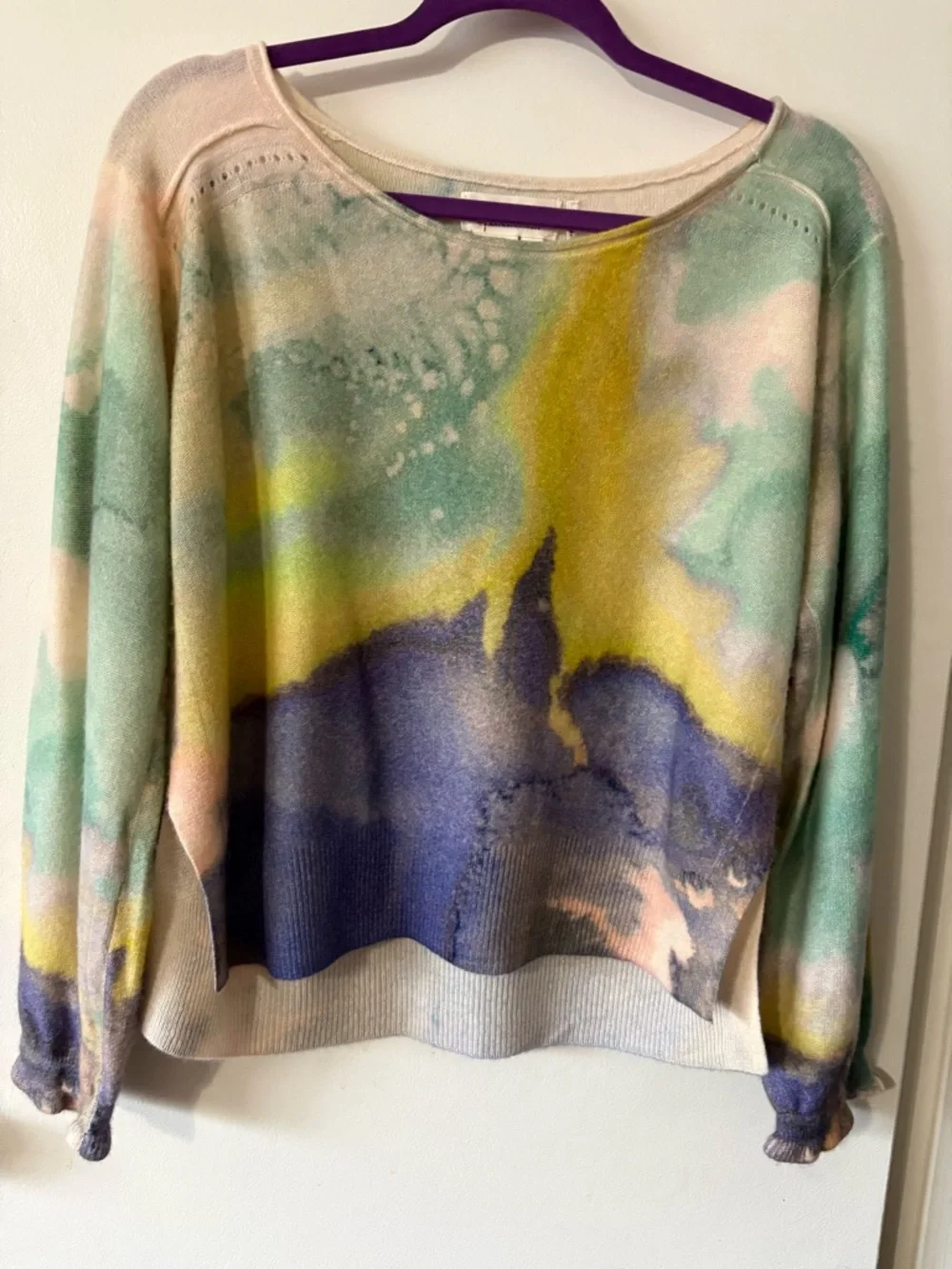 Anthropologie Multicolor Watercolor 100% Cashmere Crewneck Sweater - Picture 1 of 9